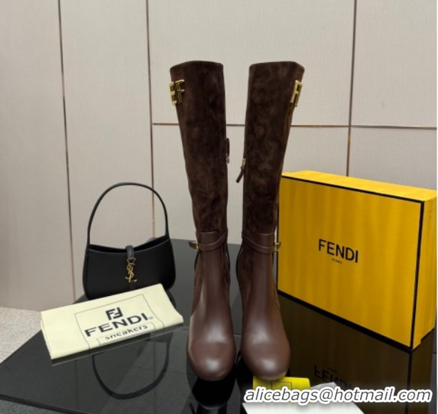 Good Quality Fendi Delfina Heel High Boots 10.5cm in Suede and Calfskin Leather Brown FE121601 2026