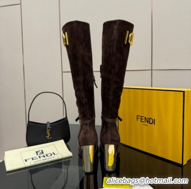 Good Quality Fendi Delfina Heel High Boots 10.5cm in Suede and Calfskin Leather Brown FE121601 2026