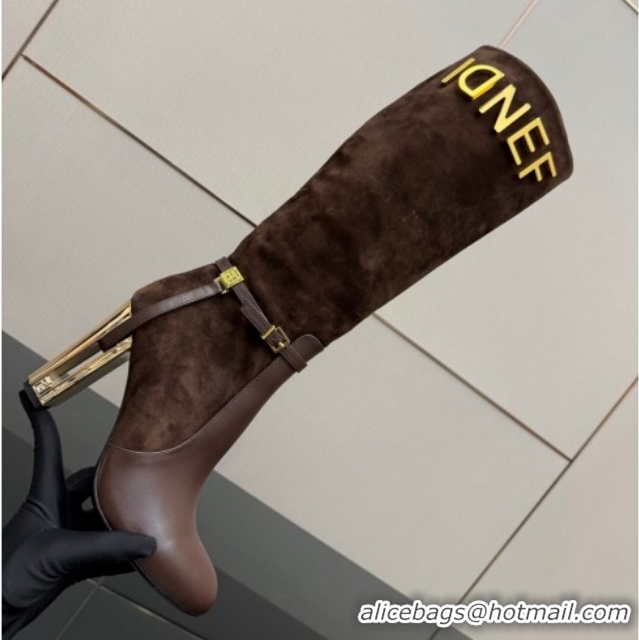 Good Quality Fendi Delfina Heel High Boots 10.5cm in Suede and Calfskin Leather Brown FE121601 2026