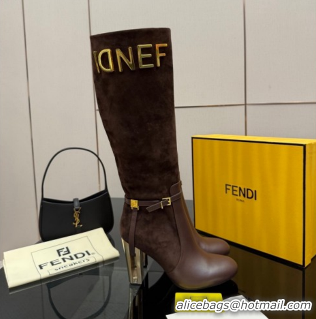 Good Quality Fendi Delfina Heel High Boots 10.5cm in Suede and Calfskin Leather Brown FE121601 2026