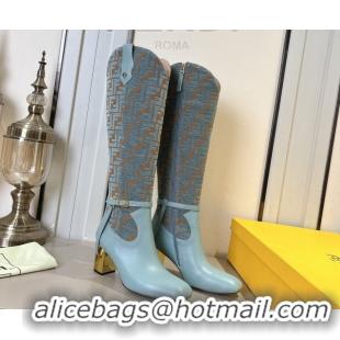 Luxurious Fendi Delfina Heel High Boots 5cm in FF Fabric and Calfskin Leather Blue FE121601 2026