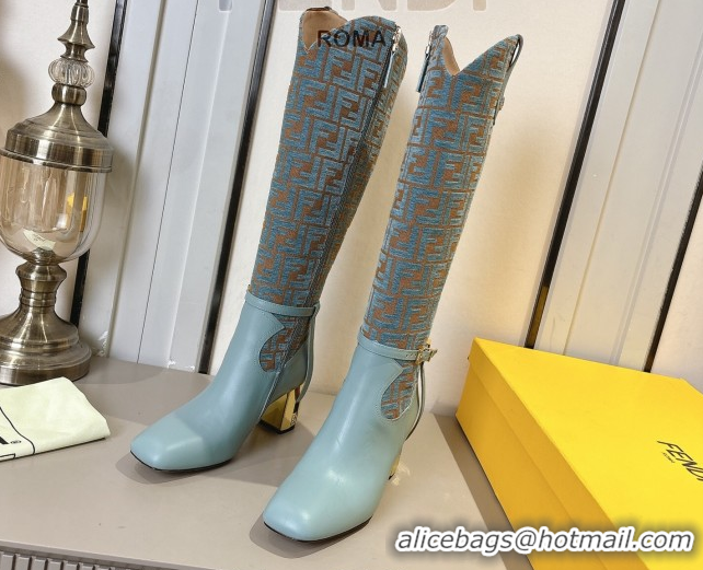 Luxurious Fendi Delfina Heel High Boots 5cm in FF Fabric and Calfskin Leather Blue FE121601 2026