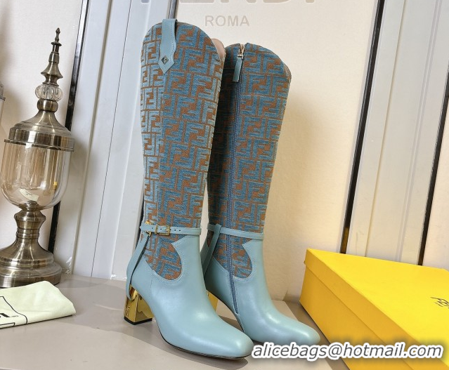 Luxurious Fendi Delfina Heel High Boots 5cm in FF Fabric and Calfskin Leather Blue FE121601 2026