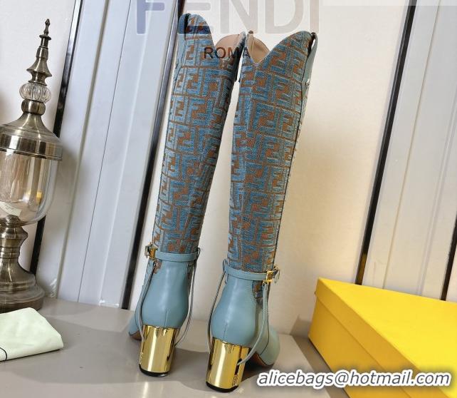 Luxurious Fendi Delfina Heel High Boots 5cm in FF Fabric and Calfskin Leather Blue FE121601 2026