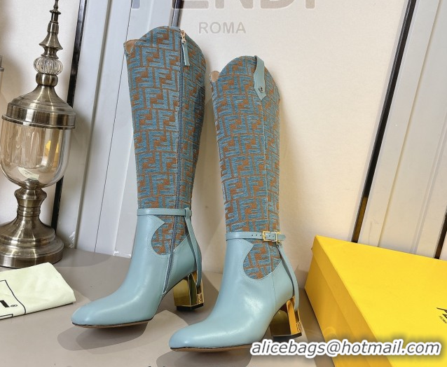 Luxurious Fendi Delfina Heel High Boots 5cm in FF Fabric and Calfskin Leather Blue FE121601 2026