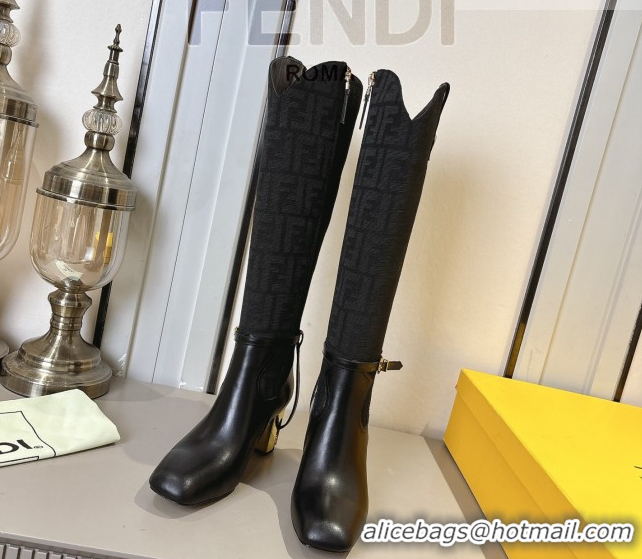 Classic Hot Fendi Delfina Heel High Boots 5cm in FF Fabric and Calfskin Leather Black FE121601 2026