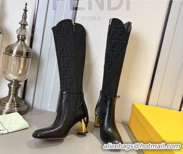 Classic Hot Fendi Delfina Heel High Boots 5cm in FF Fabric and Calfskin Leather Black FE121601 2026