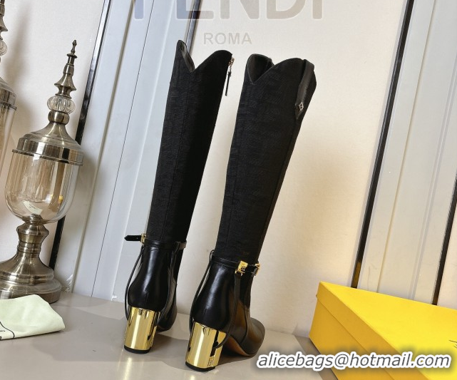 Classic Hot Fendi Delfina Heel High Boots 5cm in FF Fabric and Calfskin Leather Black FE121601 2026