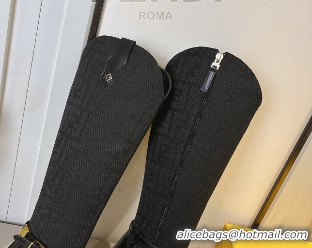 Classic Hot Fendi Delfina Heel High Boots 5cm in FF Fabric and Calfskin Leather Black FE121601 2026