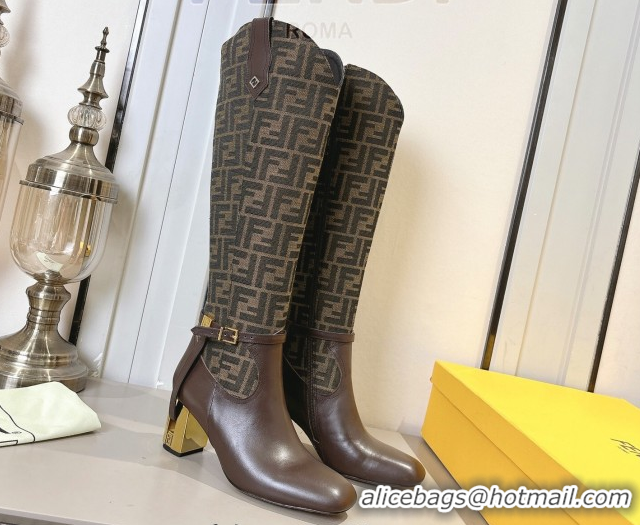 Classic Fendi Delfina Heel High Boots 5cm in FF Fabric and Calfskin Leather Beige/Brown FE121601 2026