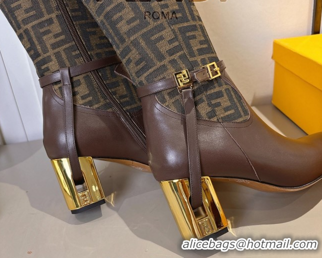 Classic Fendi Delfina Heel High Boots 5cm in FF Fabric and Calfskin Leather Beige/Brown FE121601 2026