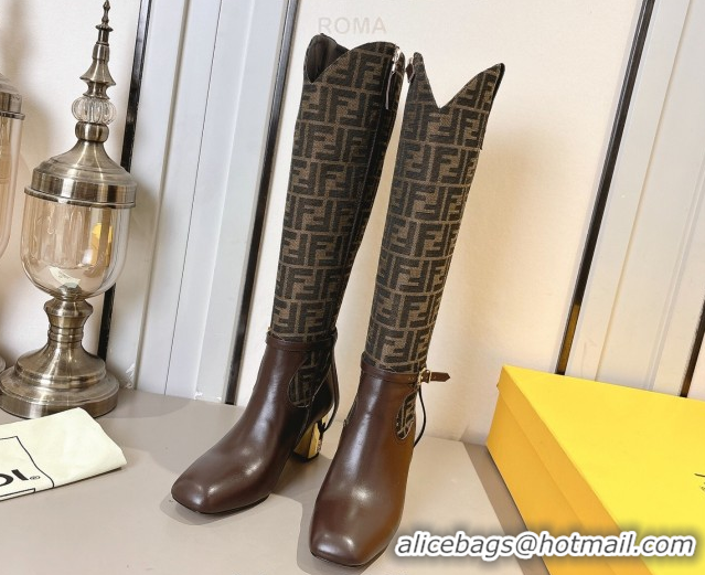Classic Fendi Delfina Heel High Boots 5cm in FF Fabric and Calfskin Leather Beige/Brown FE121601 2026