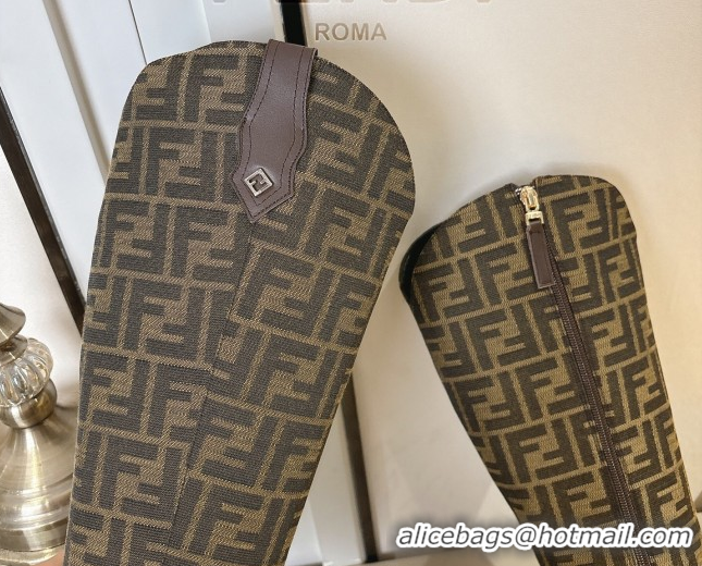 Classic Fendi Delfina Heel High Boots 5cm in FF Fabric and Calfskin Leather Beige/Brown FE121601 2026