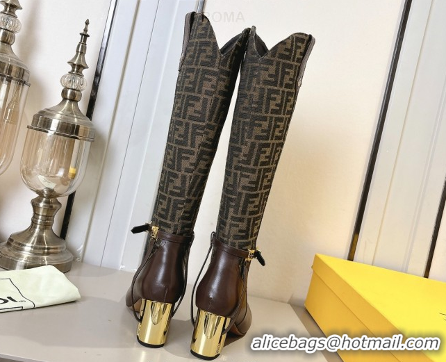 Classic Fendi Delfina Heel High Boots 5cm in FF Fabric and Calfskin Leather Beige/Brown FE121601 2026