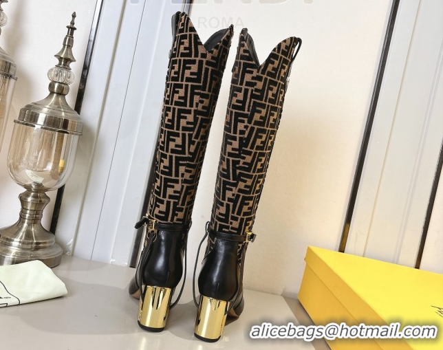 Good Looking Fendi Delfina Heel High Boots 5cm in FF Fabric and Calfskin Leather Brown/Black FE121601 2026
