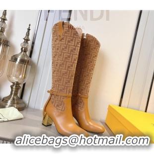 Discount Fendi Delfina Heel High Boots 5cm in FF Fabric and Calfskin Leather Light Brown FE121601 2026