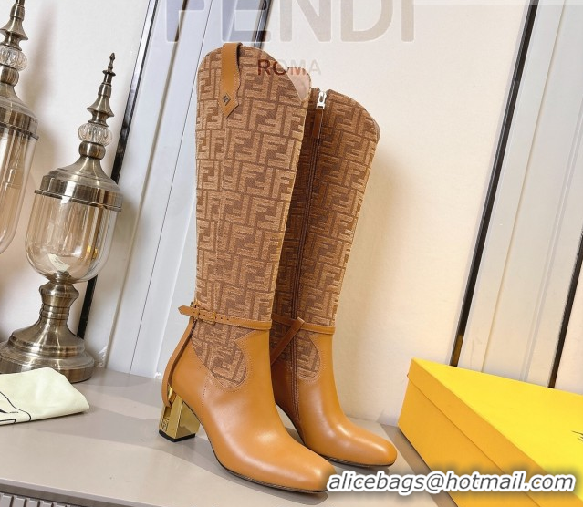 Discount Fendi Delfina Heel High Boots 5cm in FF Fabric and Calfskin Leather Light Brown FE121601 2026