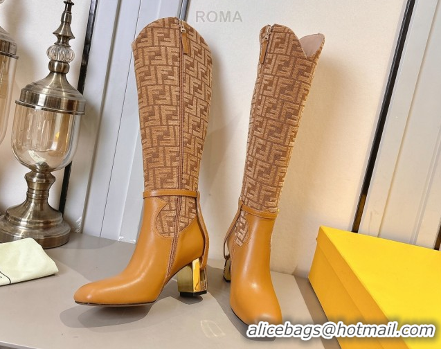 Discount Fendi Delfina Heel High Boots 5cm in FF Fabric and Calfskin Leather Light Brown FE121601 2026