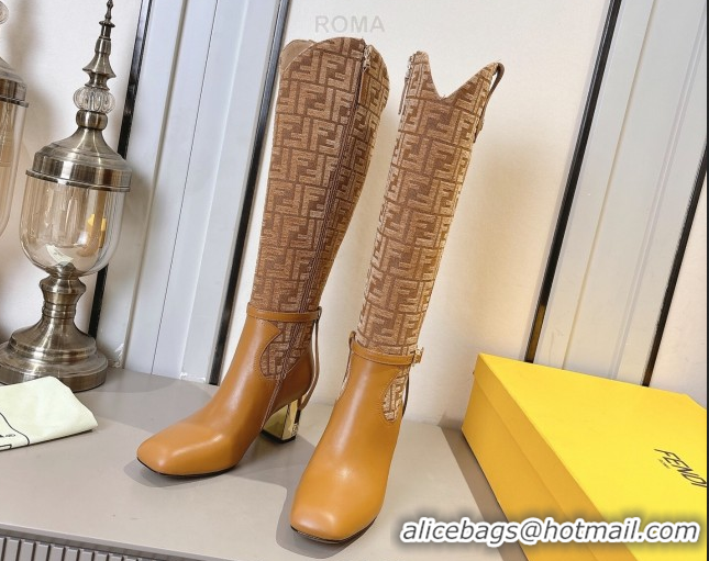 Discount Fendi Delfina Heel High Boots 5cm in FF Fabric and Calfskin Leather Light Brown FE121601 2026