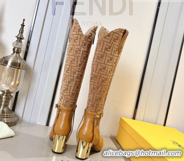 Discount Fendi Delfina Heel High Boots 5cm in FF Fabric and Calfskin Leather Light Brown FE121601 2026