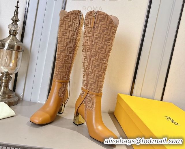 Discount Fendi Delfina Heel High Boots 5cm in FF Fabric and Calfskin Leather Light Brown FE121601 2026