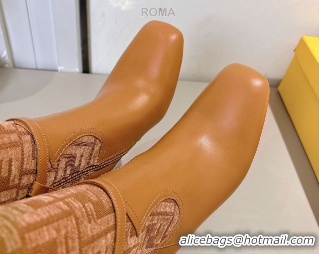 Discount Fendi Delfina Heel High Boots 5cm in FF Fabric and Calfskin Leather Light Brown FE121601 2026
