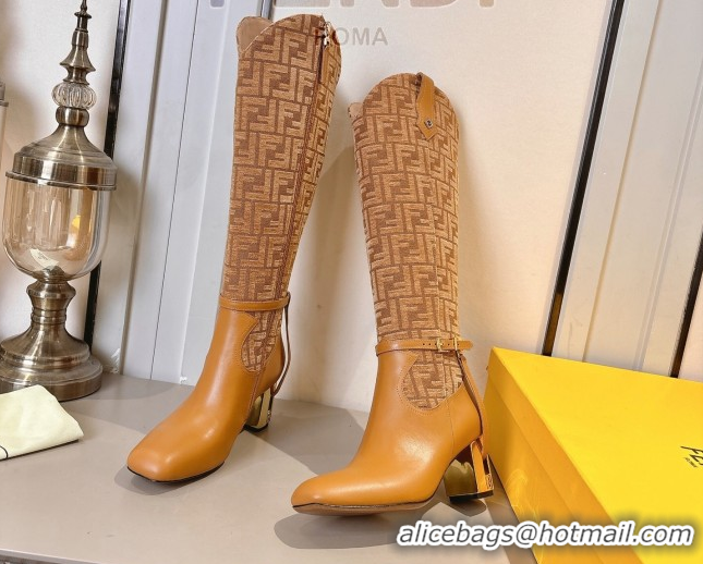 Discount Fendi Delfina Heel High Boots 5cm in FF Fabric and Calfskin Leather Light Brown FE121601 2026