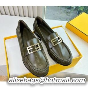 Purchase Fendi Baguette Flat Loafers in Shiny Calfskin Leather FE121603 Green 2026