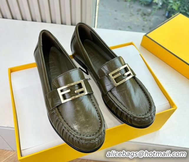 Purchase Fendi Baguette Flat Loafers in Shiny Calfskin Leather FE121603 Green 2026