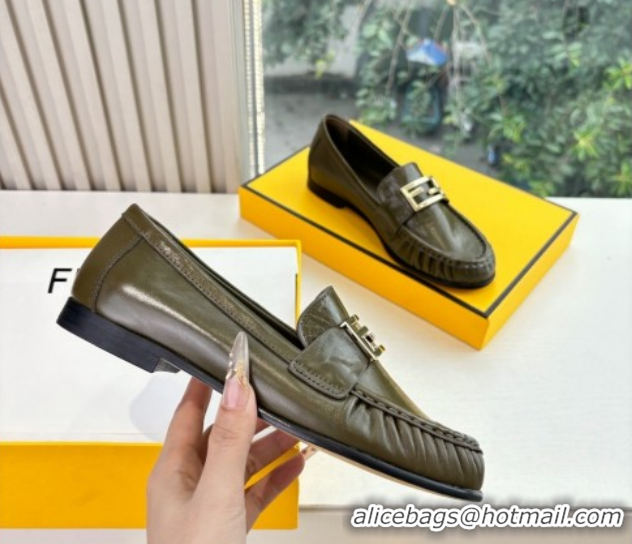 Purchase Fendi Baguette Flat Loafers in Shiny Calfskin Leather FE121603 Green 2026