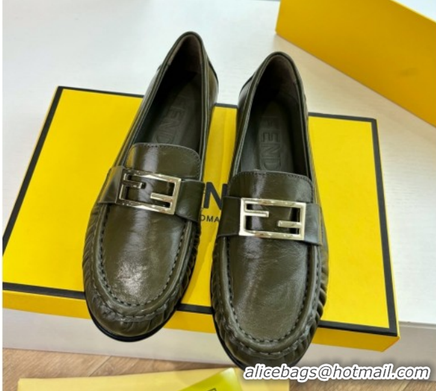 Purchase Fendi Baguette Flat Loafers in Shiny Calfskin Leather FE121603 Green 2026