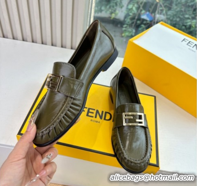 Purchase Fendi Baguette Flat Loafers in Shiny Calfskin Leather FE121603 Green 2026