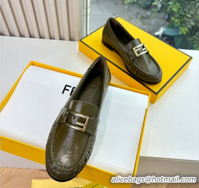 Purchase Fendi Baguette Flat Loafers in Shiny Calfskin Leather FE121603 Green 2026