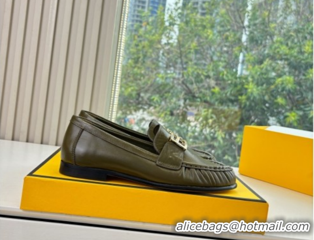 Purchase Fendi Baguette Flat Loafers in Shiny Calfskin Leather FE121603 Green 2026