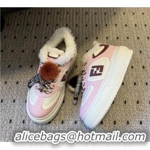 Buy Luxury Fendi Match Low Top Platform Shoes in White Leather & Shearling with Charm Pink 5122909 2026