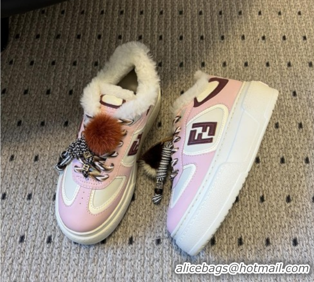 Buy Luxury Fendi Match Low Top Platform Shoes in White Leather & Shearling with Charm Pink 5122909 2026
