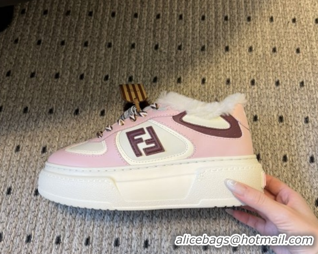 Buy Luxury Fendi Match Low Top Platform Shoes in White Leather & Shearling with Charm Pink 5122909 2026