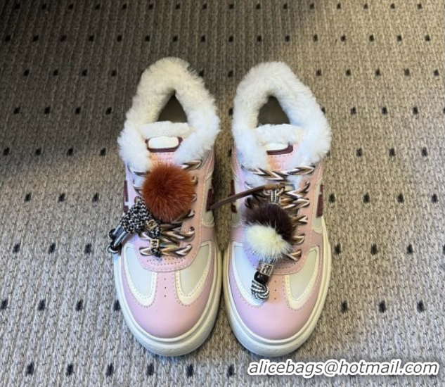 Buy Luxury Fendi Match Low Top Platform Shoes in White Leather & Shearling with Charm Pink 5122909 2026