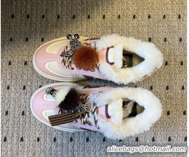 Buy Luxury Fendi Match Low Top Platform Shoes in White Leather & Shearling with Charm Pink 5122909 2026