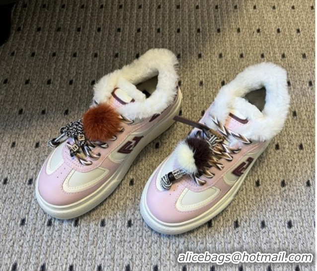Buy Luxury Fendi Match Low Top Platform Shoes in White Leather & Shearling with Charm Pink 5122909 2026
