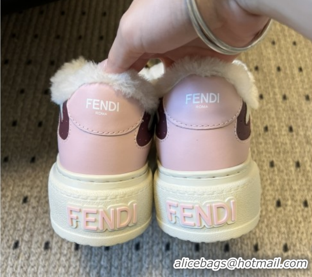 Buy Luxury Fendi Match Low Top Platform Shoes in White Leather & Shearling with Charm Pink 5122909 2026