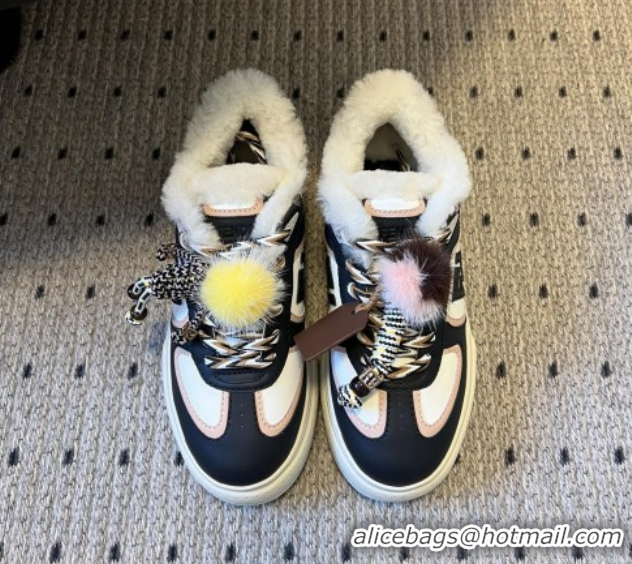 Good Looking Fendi Match Low Top Platform Shoes in White Leather & Shearling with Charm Black 5122910 2026
