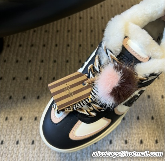 Good Looking Fendi Match Low Top Platform Shoes in White Leather & Shearling with Charm Black 5122910 2026