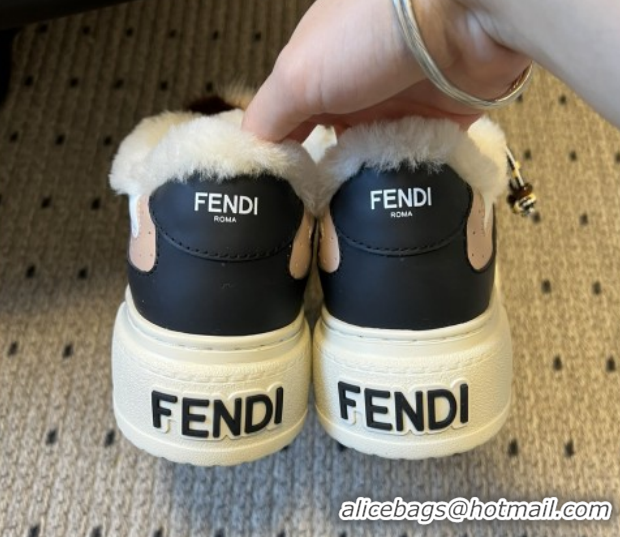 Good Looking Fendi Match Low Top Platform Shoes in White Leather & Shearling with Charm Black 5122910 2026