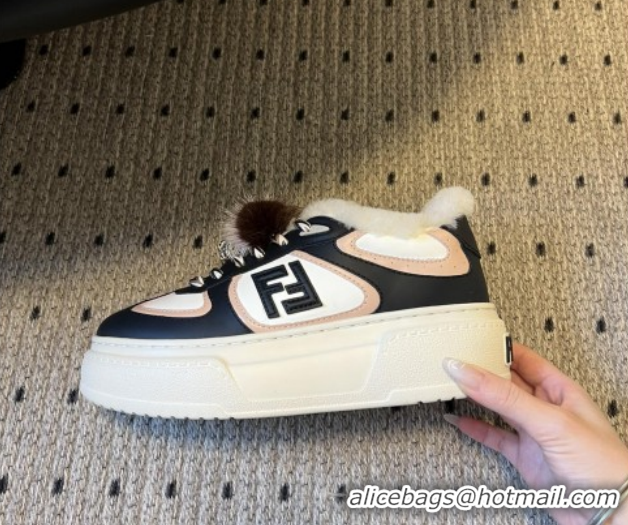 Good Looking Fendi Match Low Top Platform Shoes in White Leather & Shearling with Charm Black 5122910 2026