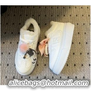 Good Quality Fendi Match Low Top Platform Shoes in White Leather & Shearling with Charm White 5122911 2026