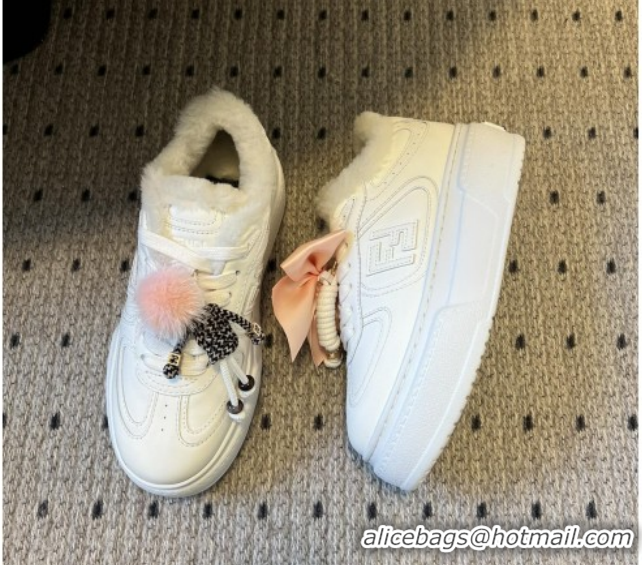 Good Quality Fendi Match Low Top Platform Shoes in White Leather & Shearling with Charm White 5122911 2026