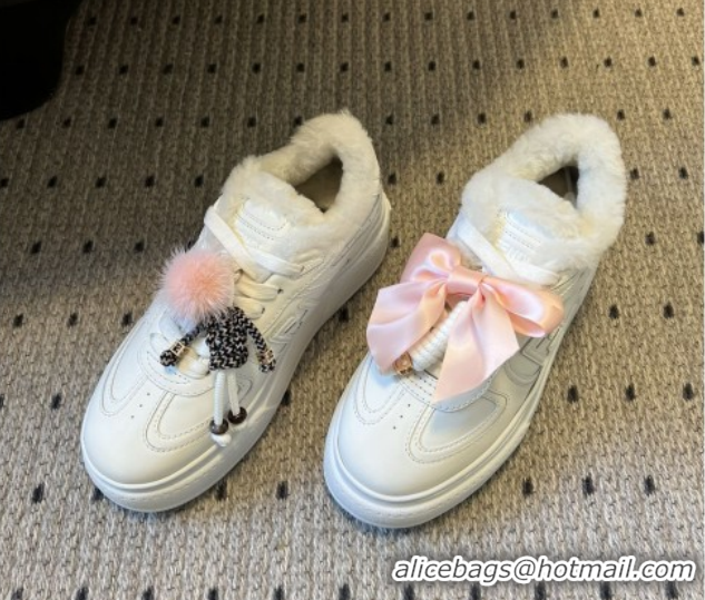 Good Quality Fendi Match Low Top Platform Shoes in White Leather & Shearling with Charm White 5122911 2026