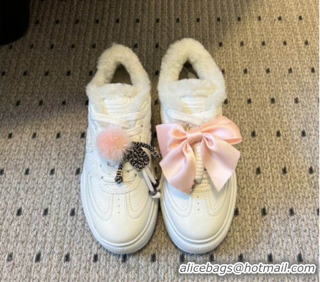 Good Quality Fendi Match Low Top Platform Shoes in White Leather & Shearling with Charm White 5122911 2026