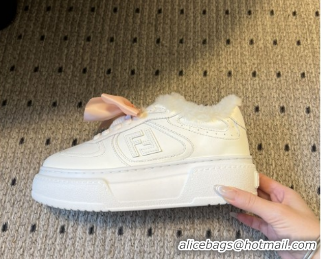 Good Quality Fendi Match Low Top Platform Shoes in White Leather & Shearling with Charm White 5122911 2026